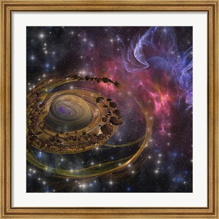 Framed Large rocks swirl around and form a planet in the cosmos Print