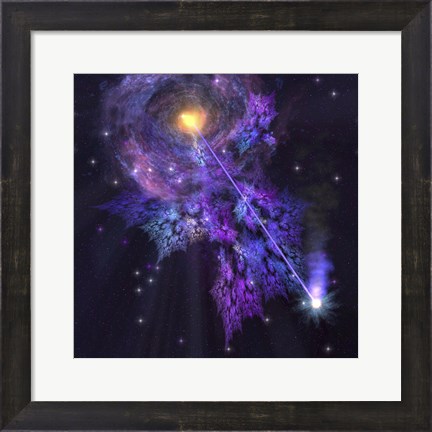 Framed shooting star radiates out from a black hole in the center of a galaxy Print