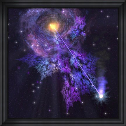 Framed shooting star radiates out from a black hole in the center of a galaxy Print