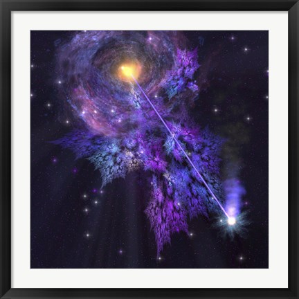 Framed shooting star radiates out from a black hole in the center of a galaxy Print