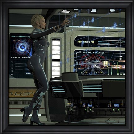Framed young woman operating a holographic control center Print
