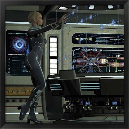 Framed young woman operating a holographic control center Print