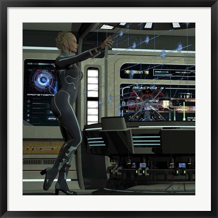 Framed young woman operating a holographic control center Print