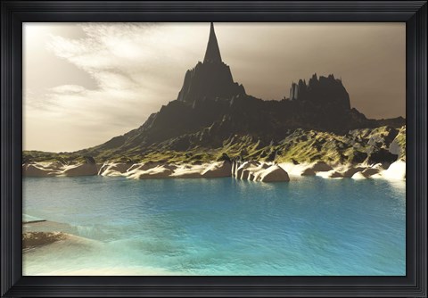Framed mountain spire overlooking the turquoise waters of a sea inlet Print