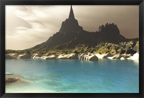 Framed mountain spire overlooking the turquoise waters of a sea inlet Print