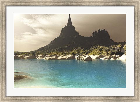 Framed mountain spire overlooking the turquoise waters of a sea inlet Print
