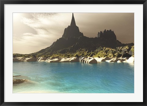 Framed mountain spire overlooking the turquoise waters of a sea inlet Print