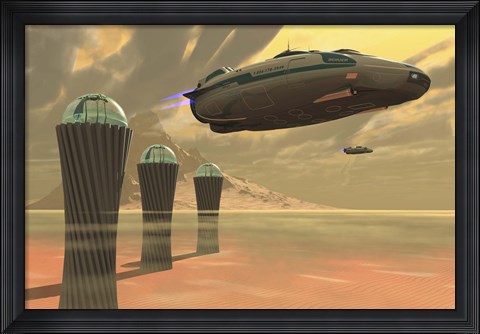 Framed Two spacecraft takeoff from a colony on a desert planet Print