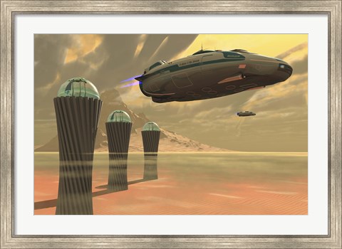 Framed Two spacecraft takeoff from a colony on a desert planet Print