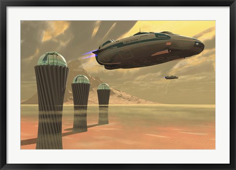 Framed Two spacecraft takeoff from a colony on a desert planet Print