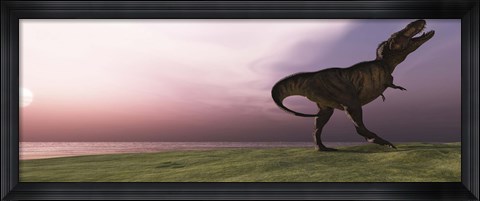 Framed Tyrannosaurus Rex dinosaur roars his defiance on an oceanside bluff Print