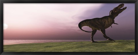 Framed Tyrannosaurus Rex dinosaur roars his defiance on an oceanside bluff Print