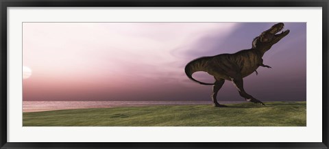 Framed Tyrannosaurus Rex dinosaur roars his defiance on an oceanside bluff Print