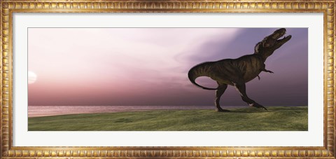 Framed Tyrannosaurus Rex dinosaur roars his defiance on an oceanside bluff Print