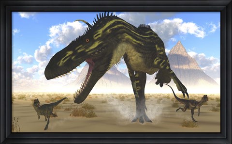 Framed gigantic Torvosaurus chasing two Dilophosaurus Print