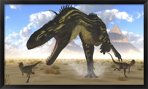 Framed gigantic Torvosaurus chasing two Dilophosaurus Print