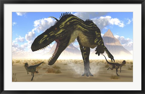 Framed gigantic Torvosaurus chasing two Dilophosaurus Print