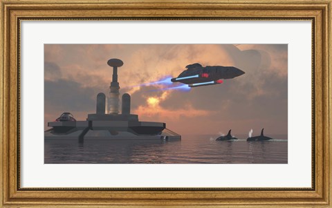 Framed Artist&#39;s concept of a futuristic colony on a water planet Print