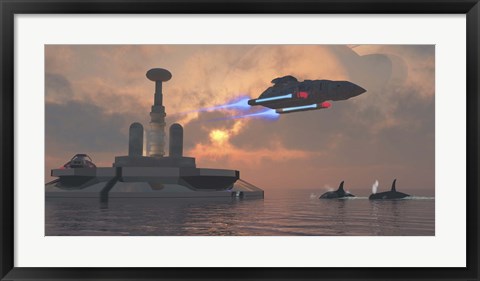 Framed Artist&#39;s concept of a futuristic colony on a water planet Print