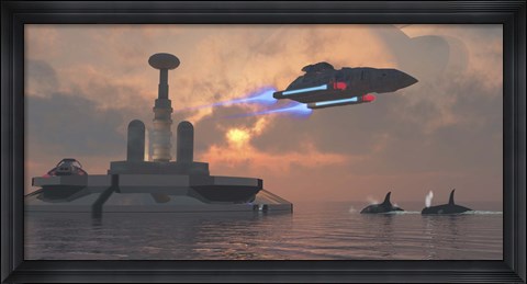 Framed Artist&#39;s concept of a futuristic colony on a water planet Print