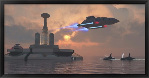 Framed Artist&#39;s concept of a futuristic colony on a water planet Print