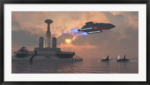 Framed Artist&#39;s concept of a futuristic colony on a water planet Print