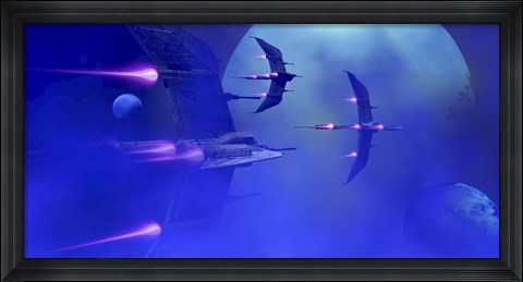 Framed Starships blast past a blue planet and its moons Print