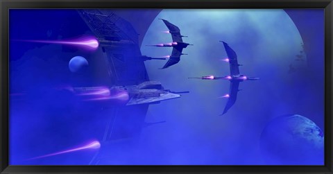 Framed Starships blast past a blue planet and its moons Print