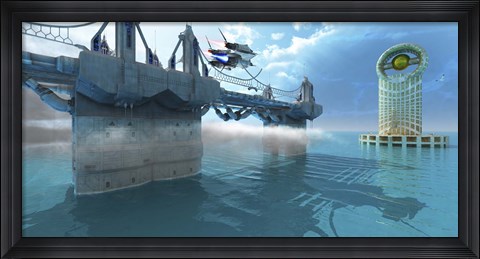 Framed spaceship takes off from a skyway on an alien planet Print