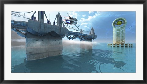 Framed spaceship takes off from a skyway on an alien planet Print