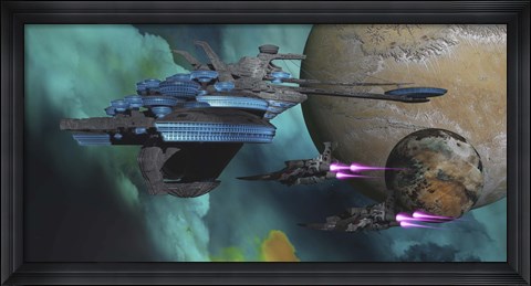 Framed Spacecraft return to a spaceport in orbit around an alien planet Print