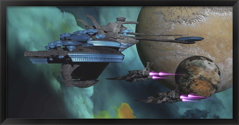 Framed Spacecraft return to a spaceport in orbit around an alien planet Print