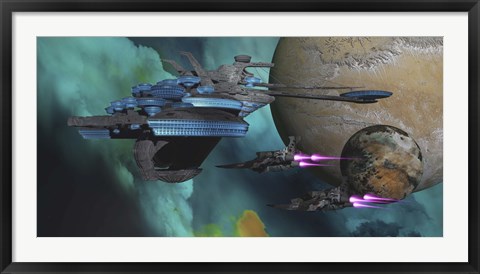 Framed Spacecraft return to a spaceport in orbit around an alien planet Print
