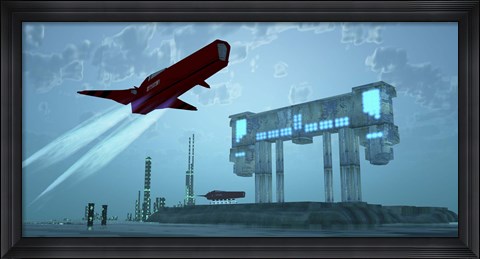 Framed spacecraft takes off from an airport on one of Saturn&#39;s moons Print