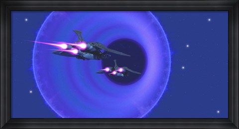Framed Spaceships enter a wormhole in outer space Print