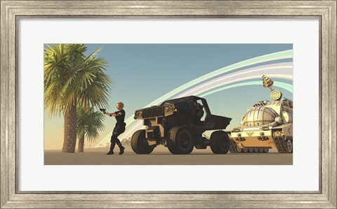 Framed female soldier draws her gun on a distant planet Print