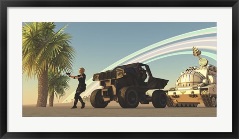 Framed female soldier draws her gun on a distant planet Print