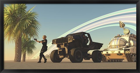 Framed female soldier draws her gun on a distant planet Print