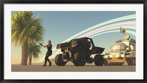 Framed female soldier draws her gun on a distant planet Print