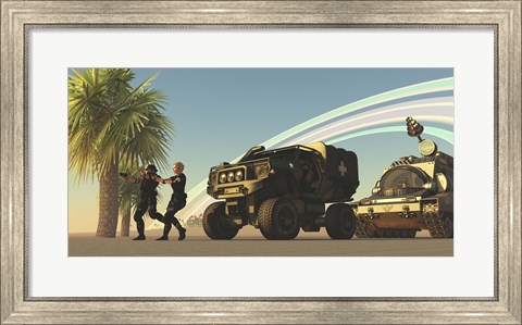 Framed Two Special Forces personnel draw their guns on a distant planet Print