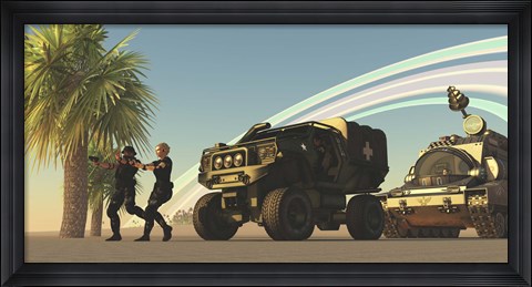 Framed Two Special Forces personnel draw their guns on a distant planet Print