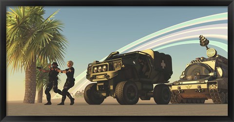 Framed Two Special Forces personnel draw their guns on a distant planet Print