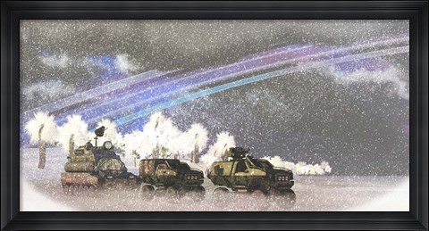 Framed military convoy in a sever winter storm on an alien planet Print