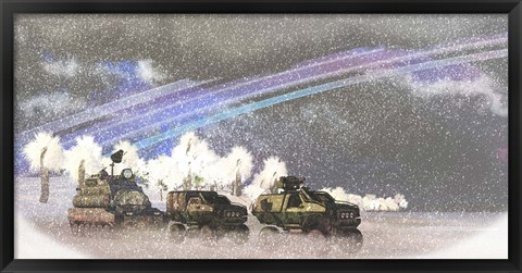 Framed military convoy in a sever winter storm on an alien planet Print