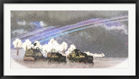 Framed military convoy in a sever winter storm on an alien planet Print