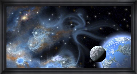 Framed Earth-like planet and its moon hover near a blue nebula Print