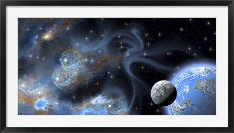Framed Earth-like planet and its moon hover near a blue nebula Print