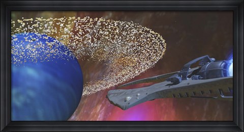 Framed spacecraft passes by a blue planet with a ring of asteroids Print