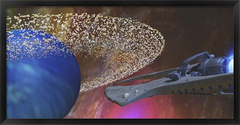 Framed spacecraft passes by a blue planet with a ring of asteroids Print