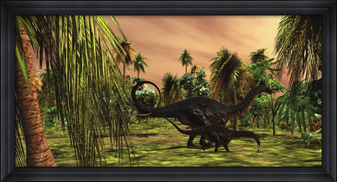Framed Apatosaurus mother escorts her hatchling baby Print